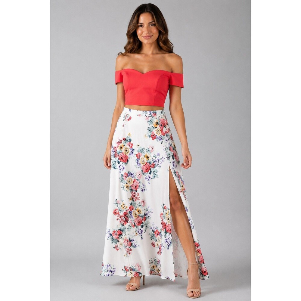Women’s Coral Off-Shoulder Crop Top & Floral Maxi Skirt 2-Piece Set With Side...